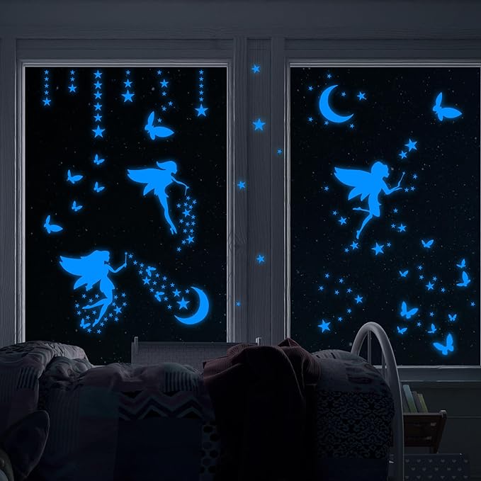 Glow in The Dark Fairy Wall Decals, Luminous Fairies Stars Wall Stickers for Ceiling, Peel and Stick Butterfly Decoration for Kids Room