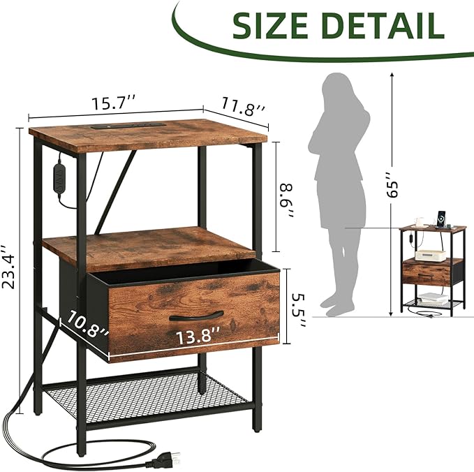 Somdot Nightstand Set of 2 with Charging Station and LED Light for Bedroom, Bedside Table End Table for Dorm Guest Room Bedside Kids Laundry Closet Entryway Hallway, Wood Grain Print