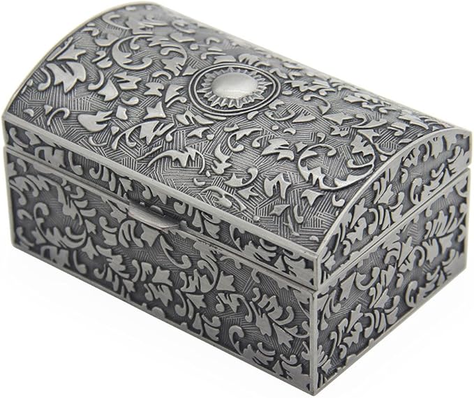 Vintage Metal Jewelry Box Small Trinket Storage Organizer Box Chest Ring Case for Girls Women, Tin Color, Small