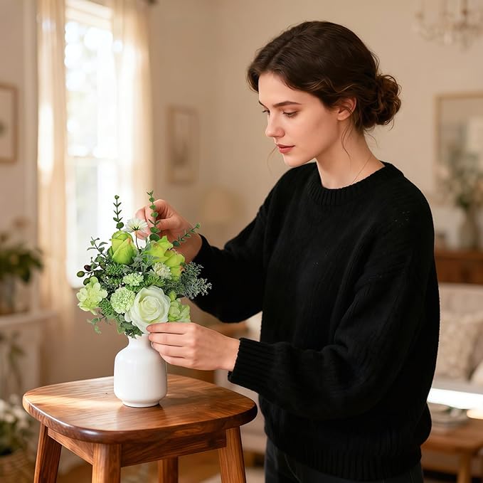 Small Faux Flower Bouquet in White Ceramic Vase (15.75" Tall) - Green & White Artificial Floral Arrangement for Coffee Table Centerpiece, Bathroom & Office Desk Decor
