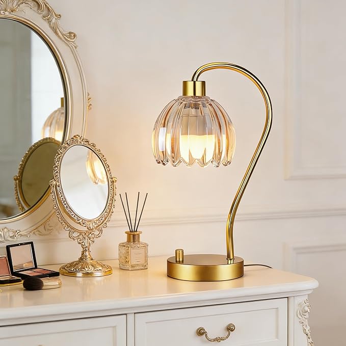 Small Table Lamp Set of 2,Gold Bedside Lamps Dimmable Boho Bedroom Lamp with Glass Tulip Flower Amber Lamp Shade,Vintage Mid Century Modern Mini Nightstand Lamp for Bedroom Living Room