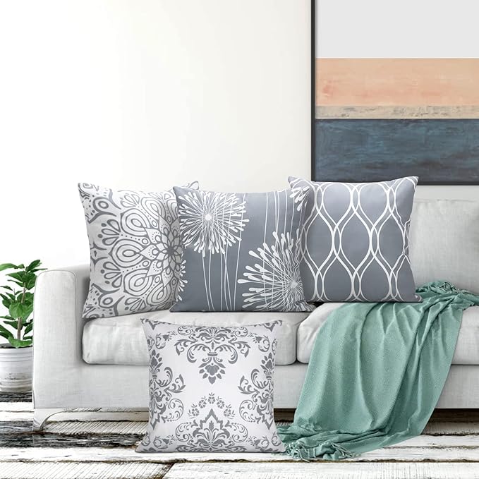 Coliuso Decorative Throw Pillow Covers 20x20 Set of 4, Gray and White Modern Simple Square Pillow Case Cushion Cover for Sofa Couch Farmhouse Outdoor Living Room (Gray and White, 20"x20")
