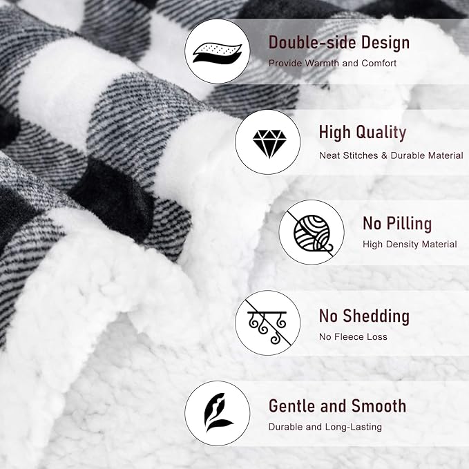 BEAUTEX Sherpa Fleece Flannel Throw Blanket, Super Soft Warm Buffalo Plaid Plush Blankets and Throws, Lightweight Cozy Fuzzy Blanket for Couch Sofa Bed (Black, Throw 50" x 60")