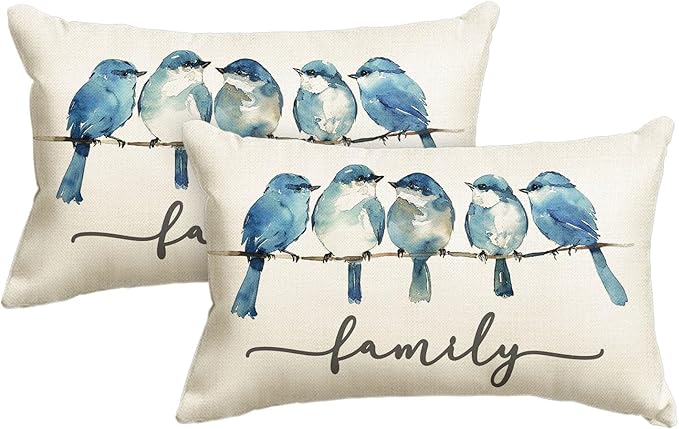 AVOIN colorlife Home Sweet Home Bluebird Family Watercolor Throw Pillow Cover, 12 x 20 Inch Blue Cushion Case Decoration for Sofa Couch Set of 2