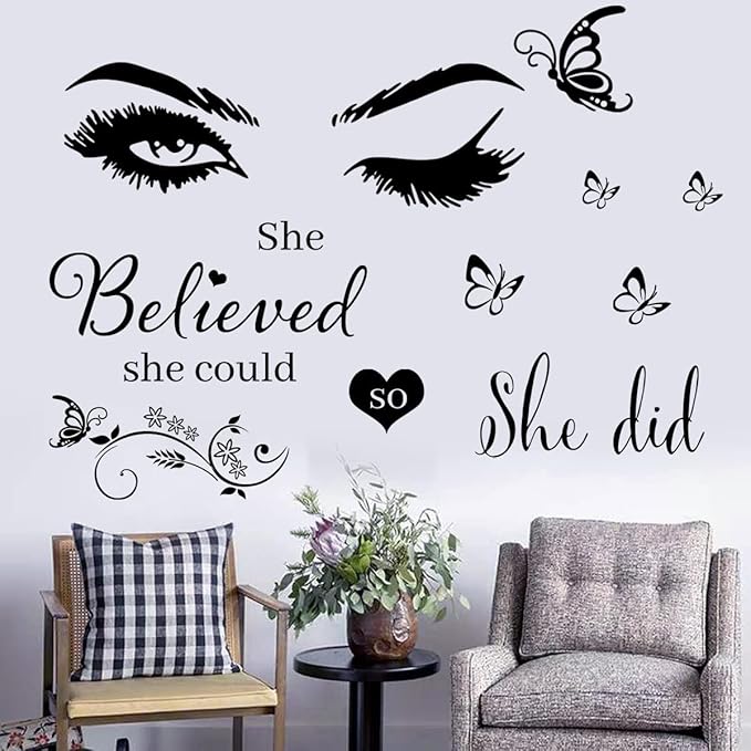 Wall Sticker Saying Vinyl Wall Decals Eyelash Eyes Inspirational Quotes She Believed She Could So She Did Wall Decal Butterfly Wall Stickers for Bedroom Living Room Classroom Office Girl Room Home