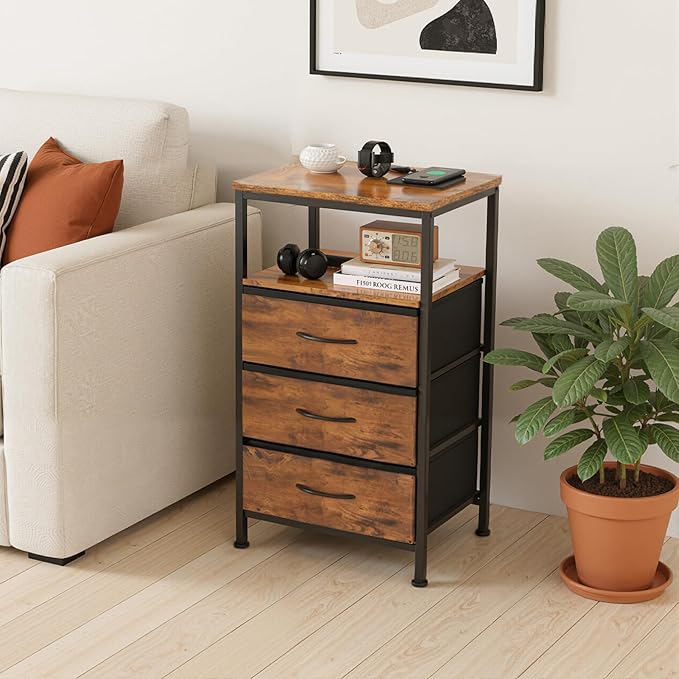 DUMOS Nightstand with Charging Station, Bedside End Table with 3 Fabric Drawers & USB/Type-C Ports and Outlets, Night Stand for Bedroom Furniture, Adjustable Feet and Variable Light Strip, Rust