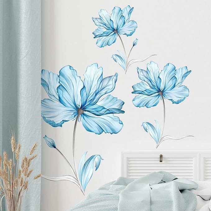 TUOKING Blue Flowers Wall Stickers Decor,6 Sheet Removable Wall Murals Peel and Stick Modern Wall Art Decal Home Decor for Kitchen,Bedroom,Living Room(MS6266)
