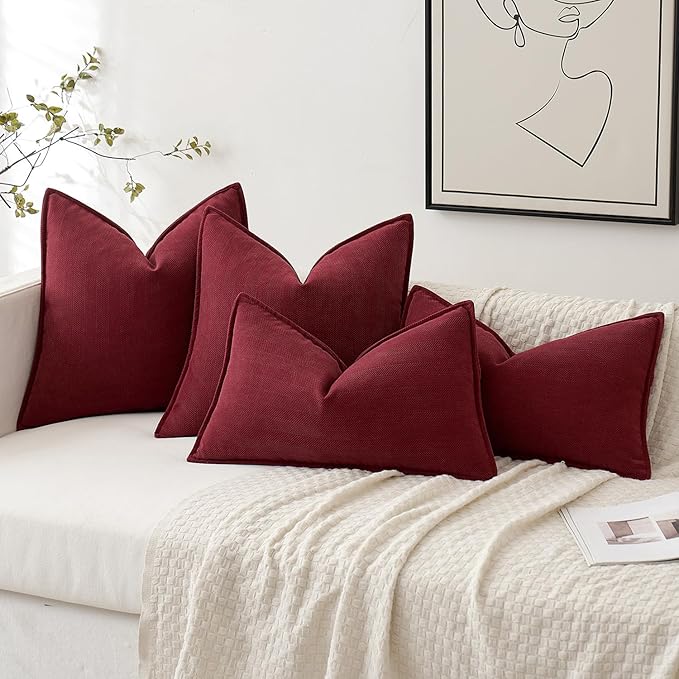 MIULEE Pack of 2 Burgundy Decorative Pillow Covers 18x18 Inch Soft Chenille Luxurious Couch Throw Pillows Farmhouse Cushion Covers with Elegant Design for Sofa Bedroom Living Room Decor