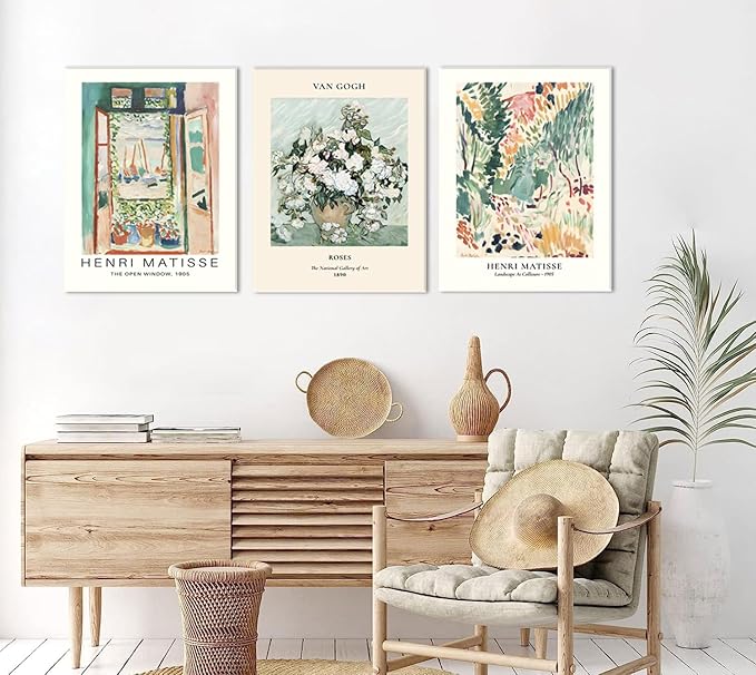 Sage Green Matisse Canvas Wall Art Set of 3 - Van Gogh Floral Pictures Wall Decor, Vintage Artwork Aesthetic Paintings Prints for Living Room Bedroom Bathroom 16x24 inch Framed