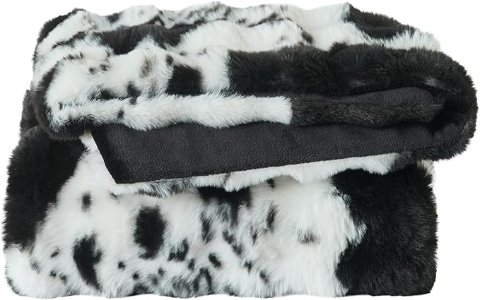 Lotus Karen Faux Fur Throw Blanket Cow Print-Black, Fluffy Fuzzy Plush Bubble Blanket for Couch, 80x60 Inches Cozy Shaggy Rabbit Blanket, Luxury Decorative Gifts for Sofa Bedroom Living Room.