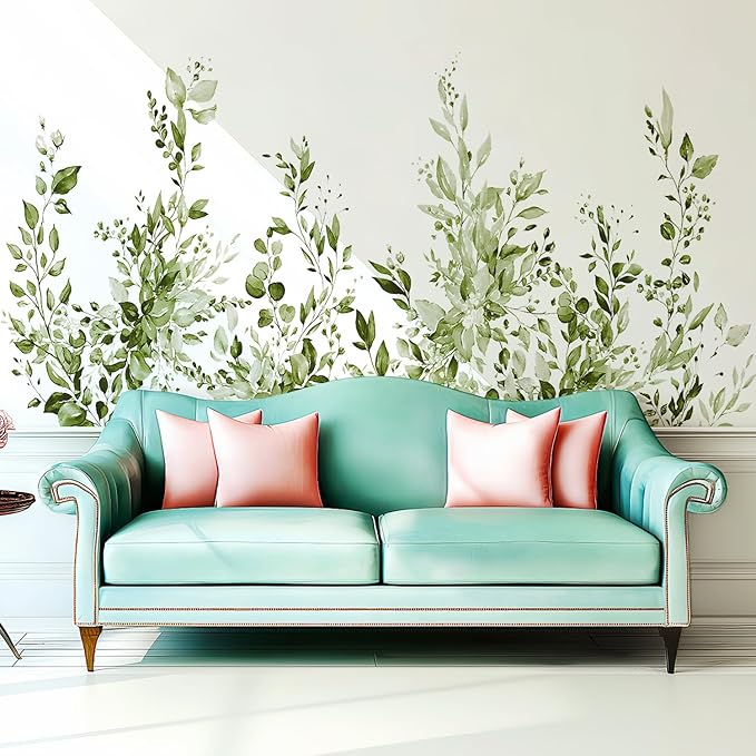 Olive Green Plants Leaves Wall Decals Peel and Stick, Large Floral Flowers Vinyl Wall Stickers, Removable Vine Home Decor Art for Bedroom Living Room Classroom Office