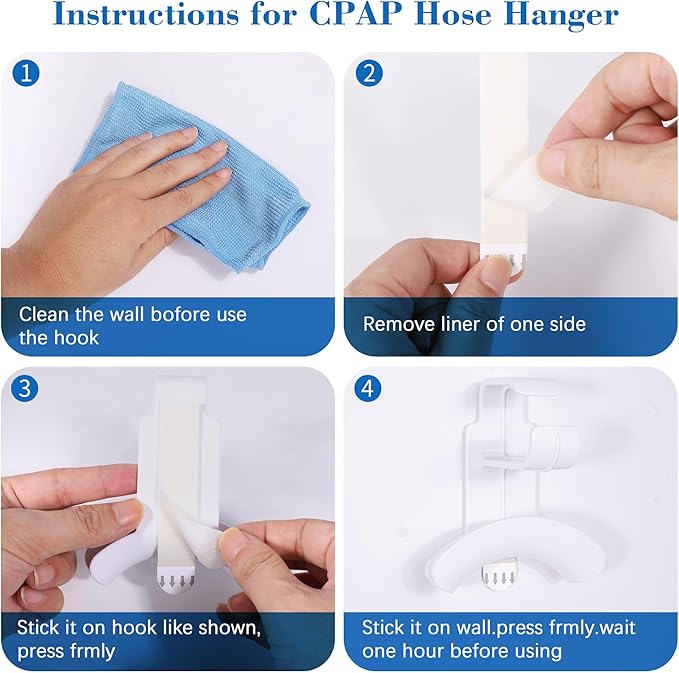 2 Pack CPAP Hose Holder for Bed, CPAP Tube Holder Compatible with CPAP Hose & Headgear Storage, Bedside CPAP Hook for CPAP Organization with 4 Removable Strips (White+Black)
