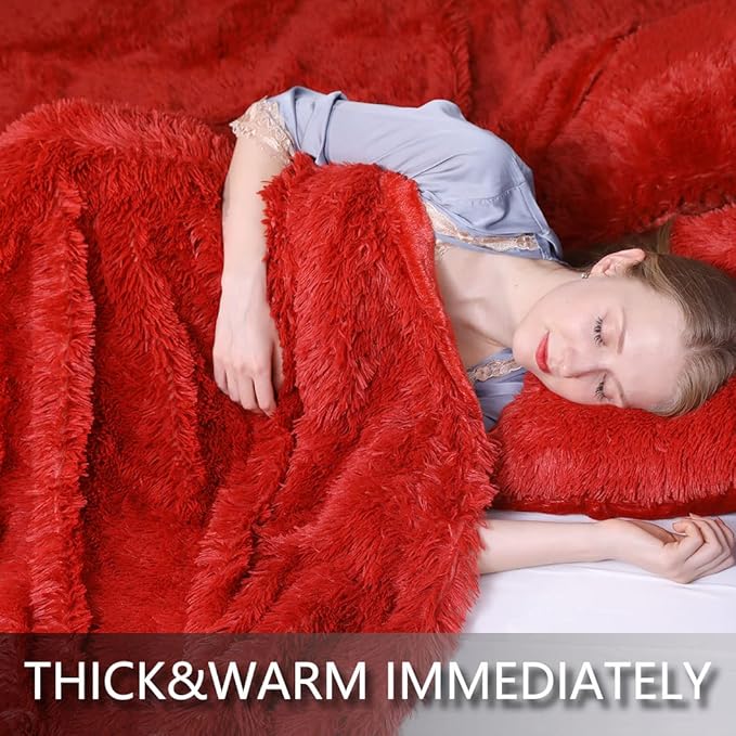 YUSOKI Long Faux Fur Throw Blanket for Sofa Couch,2 Layers,2.1lb,All Ages,Home Decoration, (Red,50" x 60")