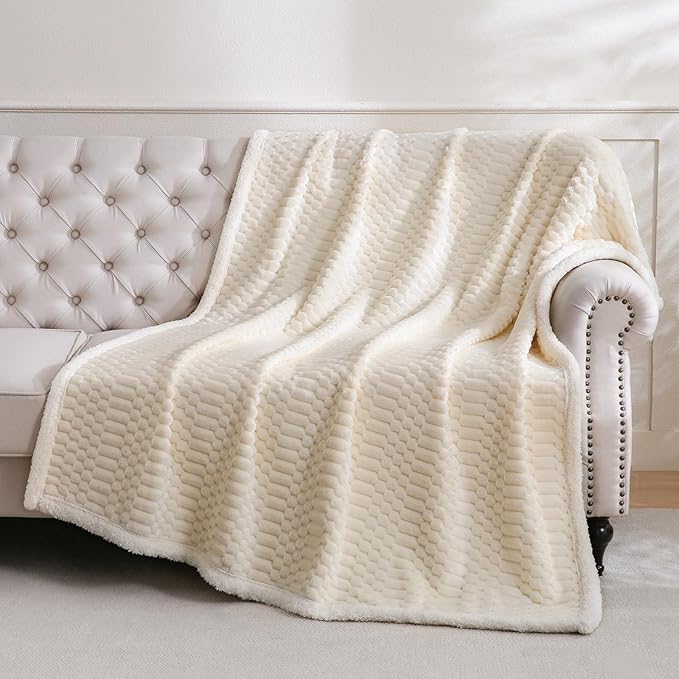 Sherpa Throw Blanket for Couch Flannel Cozy Soft Thick Blanket Warm Twin Blanket for Bed Fleece Home Decor Gifts, Z01 - White, 60"*80"