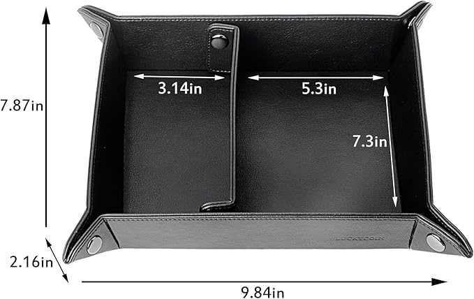 LUCKYCOIN Valet Tray Desktop Storage Organizer,Vegan Leather Jewelry Tray,Removable 2 Compartments Catchall Bedside Vanity Nightstand Caddy Holder Desk Storage Plate 12.6 in - Black