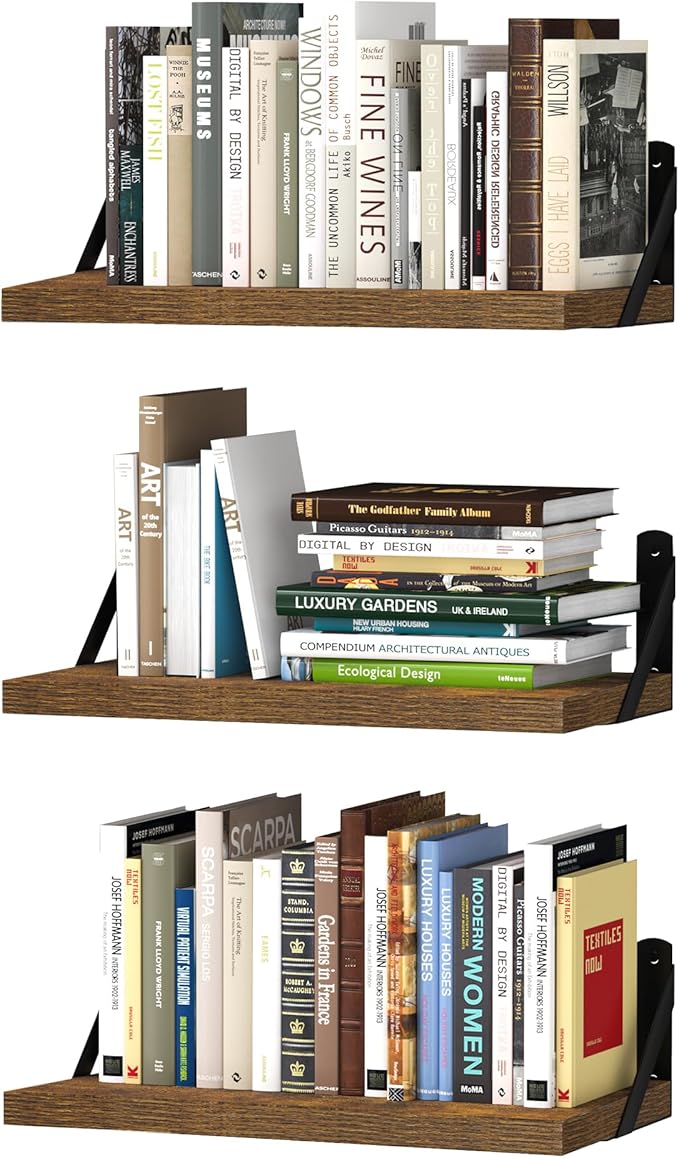 upsimples 15.7 Inches Floating Book Shelves for Wall, Wood Shelves for Living Room, Bathroom, Bedroom, Kitchen Storage and Decoration, Brown