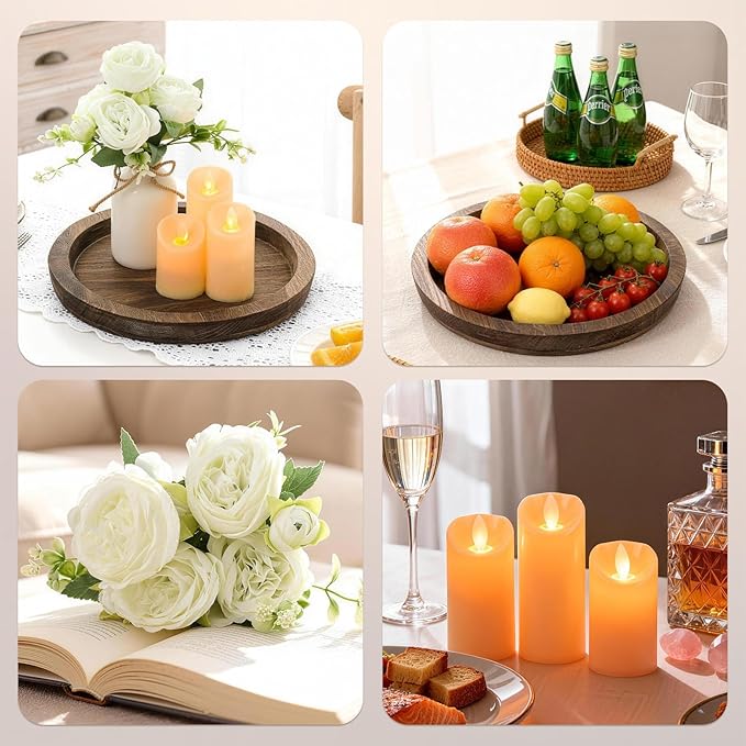 Rustic Farmhouse Wooden Candle Tray Set-Wooden Tray with Flameless Candles & Flowers, for Coffee Table, Dining Table Decor, Living Room&Home Decor, Decor for Living Room Table centerpieces