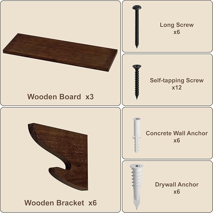 Alsonerbay Wood Floating Shelves for Wall 3 Pack, 17 inch Rustic Wall Shelves with Hook, Decorative Hanging Shelves for Bedroom Living Room Nursery Office and More Light Walnut