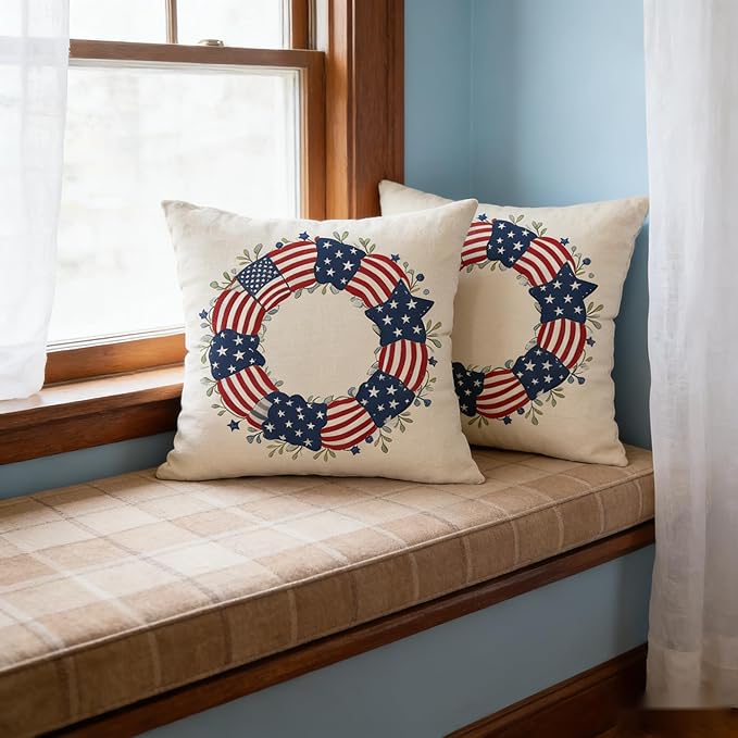 4th of July Patriotic Wreath Independence Day Throw Pillow Covers, American Flag Stars and Stripes Design, Set of 2 18x18 Pillows Linen Pillowcase