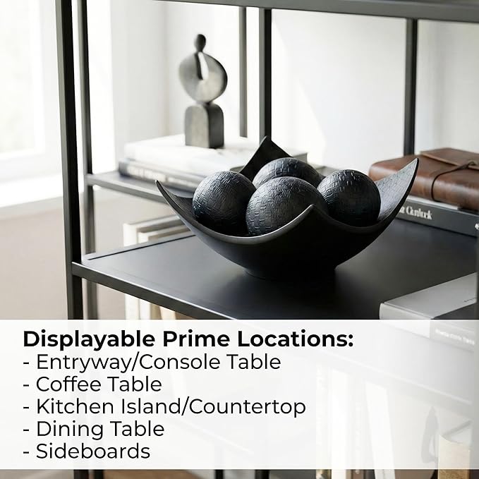 Seraphic 5pc Scoop Bowl Table Centerpieces for Dining Room, Large Decorative Bowls for Coffee Table Decor, Kitchen, Orbs/Balls Included, 14" diagonal. 11" wide and 5.75" tall, Charcoal Black