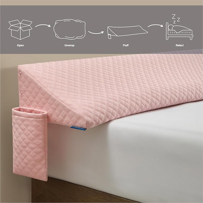 Aeropostale Foam-Filled Bed Wedge Pillow for Twin Beds – Dorm, Kids & Teen Rooms – Headboard Gap Filler with Side Pocket for Bedside Essentials, Blush