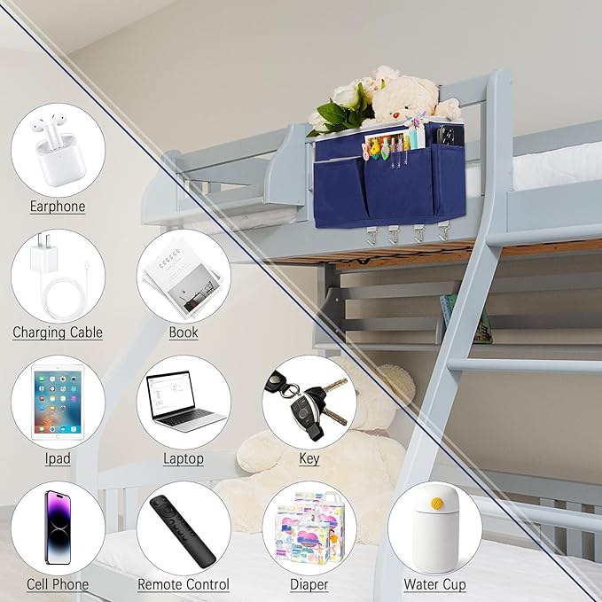Bedside Storage Organizer 5 Pockets with 4 Hooks Hanging Storage Bag for Headboards/Bunk Bed (2Pack Dark Blue)