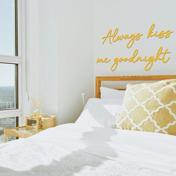 Always Kiss Me Goodnight Wall Sign Metal Wall decor Love Theme Wall decor Wall Hanging Sculptures for Bedroom Living Rooms, Gold, 19" x 10.2"