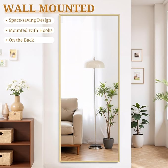 Full Length Mirror 71"x26" Full Body Mirror Rectangle Free Standing Wall Mounted Leaning Floor Mirrors with Stand Aluminum Alloy Frame for Bedroom Cloakroom, Gold