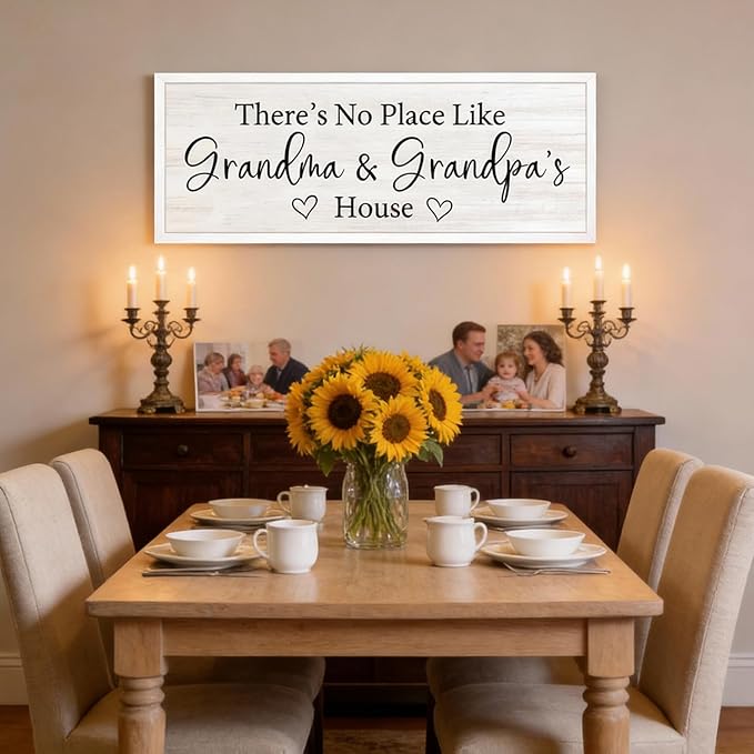 There’s No Place Like Grandma and Grandpa’s House Wall Decor: 32x12 Inch Framed Wooden Family Quote Sign, Rustic Farmhouse Wall Art for Grandparents’ Home, Living Room or Entryway, White