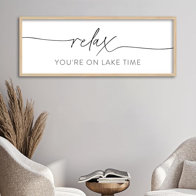 SRSZHIYUE Relax You're On Lake Time Wall Decor Above Bed Sign 32"×12" for Lake House Bedroom Over Bed Large Vintage Wood Framed Farmhouse Lake Lover Home Hanging Art (Wood)
