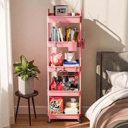 5 Tier Rolling Cart Organizer,Bathroom Cart Organizers with Wheels Laundry Room Organization Mobile Shelving Unit Utility Cart Storage Shelves Multi-Functional for Office, Home(Pink)