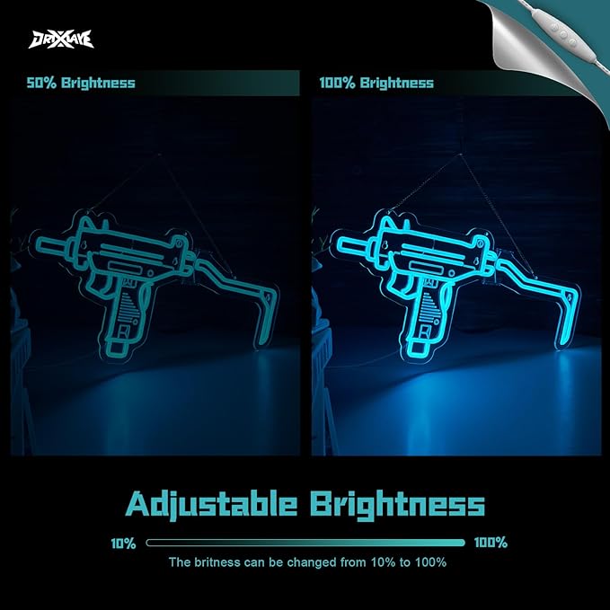 Gun Neon Sign UZI Sign for Wall Decor Large Size(23.4x11.2 Inch) Smart plug timer compatible USB Powered Man Cave Bedroom Decor