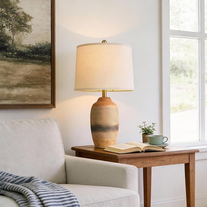 24.5" Handcrafted Ceramic Table Lamp with 5FT Cord, Single Farmhouse Vintage Rustic Bedside Lamp for Living Room Bedroom, Linen Shade Nightstand End Table Decor (Bulb Not Included)Earthy Yellow
