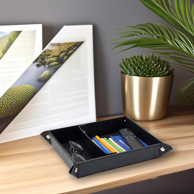 UnionBasic Medium Valet Tray, Jewelry Tray for Rings Watches Earrings, Entryway Catchall Caddy for Coins Keys Change, Nightstand Bedside Valet Holder, Trays for Electronic Gadgets, Black Plus