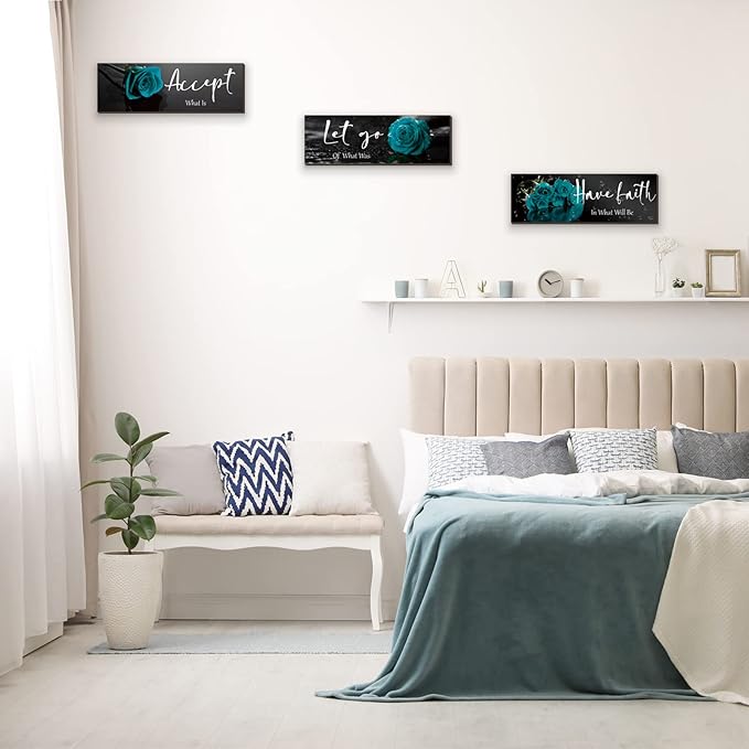 3 Pcs Teal wall decor Inspirational Teal Bathroom Decor Wooden Rose Wall Art Turquoise Office Decoration with Accept Let Go Have Faith Quotes for Girl Women Bedroom 12 x 4 Inches