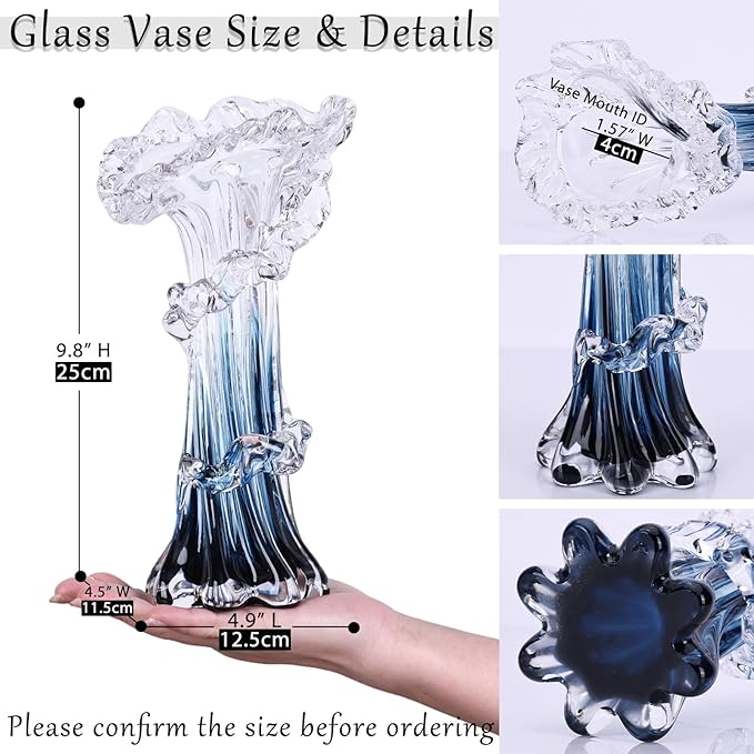 Hand Blown Blue Glass Vase, Unique Art Beautiful Ocean Glass Vase for Home Centerpiece, Coffee Table, Living Room, Office Decor - 9.8" H (Medium)