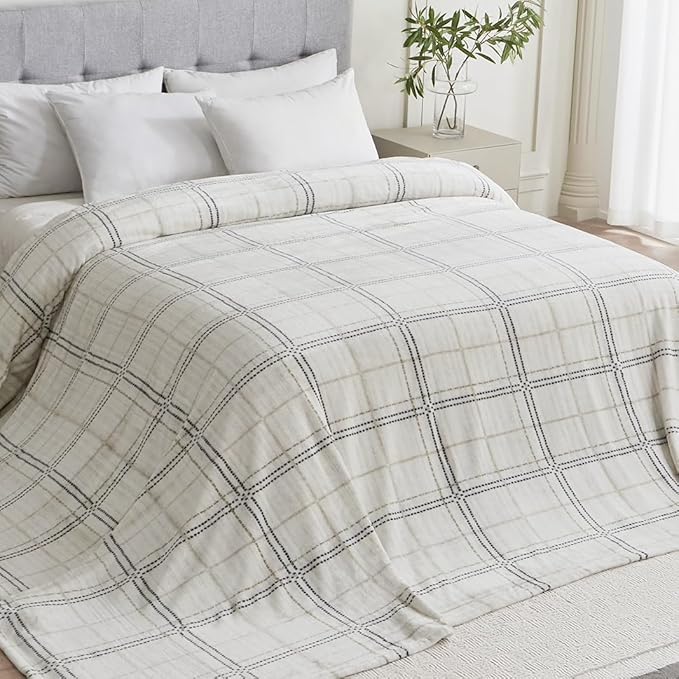 Soft Cozy 120x138 Inches Seamless Oversized King Fleece Blanket, Line Pattern Giant Huge, Extra Large 10'x11.5', California King Blanket for Sofa, Family, Travel, Line Ivory Grey