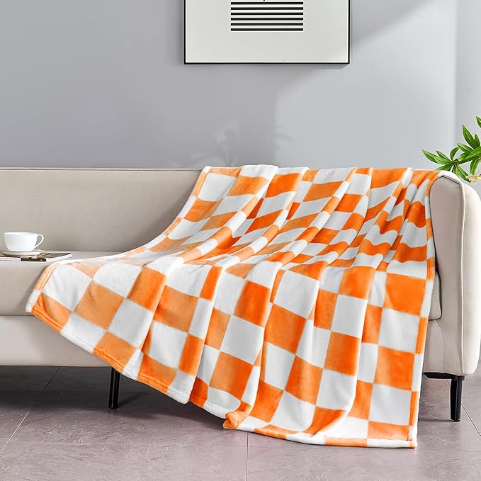 Orange Checkered Blanket, Soft Cozy Fleece Checkered Throw Blankets for Bed Sofa Couch Camping, Ultra Fluffy Throws for All Seasons, 60x80 Inch, Orange