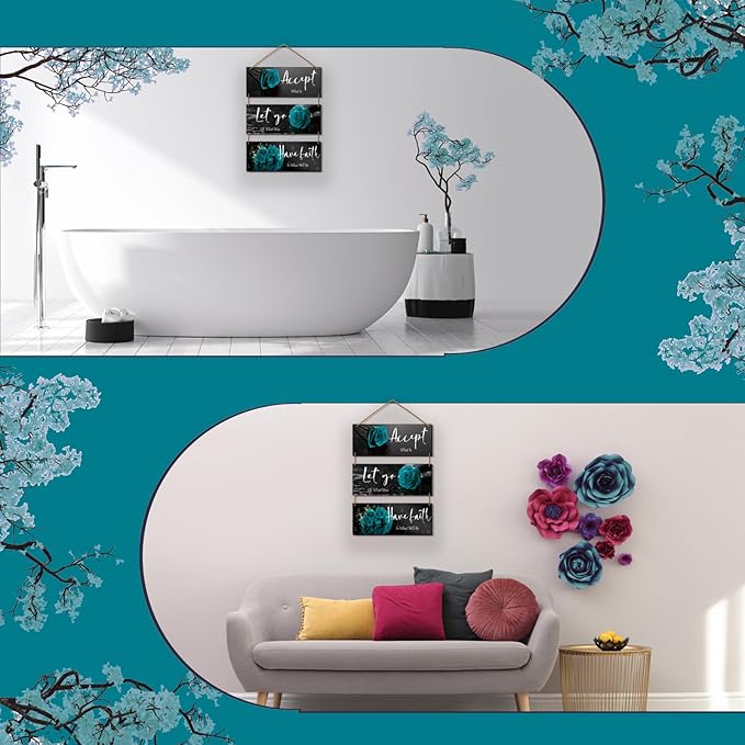 3 Pcs Wooden Teal Flower Wall Art - Teal Rose Wall Decor With Inspirational Quotes - For Women, Office, Living Room, Bedroom (10 x 4 Inch)