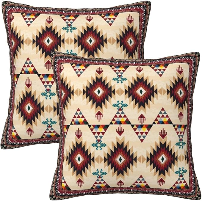 Native American Navajo Geometric Throw Pillows Covers 2 Pack 18" x 18", Polyester Double-Sided Southwestern Aztec Tribal Cushion Cases, Rustic Southwestern Home Decor for Sofa Living Room Cabin Decor