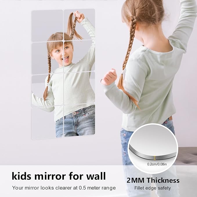 Wall Stickers - Unbreakable Self-Adhesive Mirror Tiles for Bedroom, Home, Gym, Door - Acrylic Shatterproof Sheets, Panels (8x8 Inch, 4 Pcs)