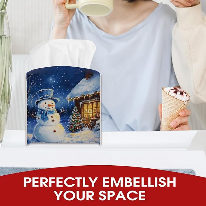 Blue Christmas Snowman Tissue Box Cover Holder, Snow Night Leather Tissue Box Cover Square, Xmas Gift Ideas for Family Friends, Bathroom Kitchen Car Office Home Table Decor(5.2 Inches)-B06