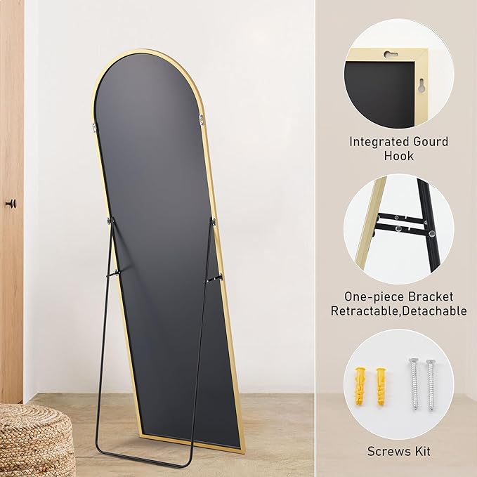 OLIXIS Arched Full Length Mirror for Bedroom, 65"x24" Full Body Mirror with Stand, Hanging or Leaning for Wall, Aluminum Alloy Thin Frame Floor Standing for Living Room, Long, Gold