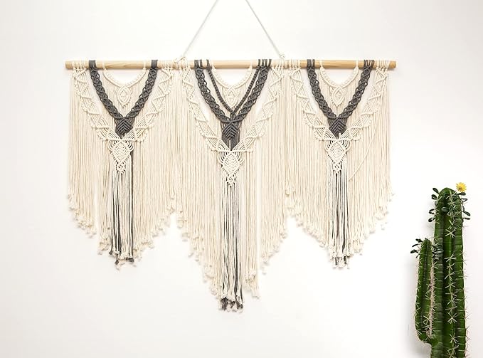 guzhiou large macrame wall hanging - Boho Tapestry Macrame Wall Decor Art- Chic Bohemian Handmade Woven Tapestry Home Decoration for Bedroom Living Room Apartment Wedding Party - 43"x32" (Beige-grey)