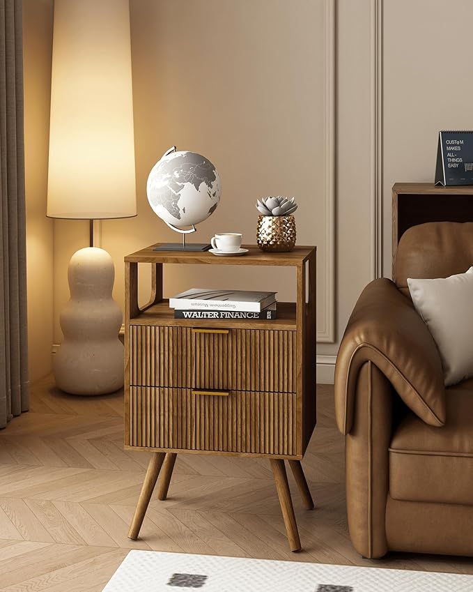 Mid Century Modern Nightstand, Modern Night Stand with 2 Storage Drawer and Opening Storage, Fluted Bedside Table with Solid Wood Legs for Bedroom