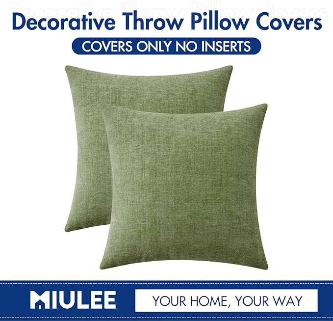 MIULEE Pack of 2 Couch Throw Pillow Covers 26x26 Inch Spring Soft Sage Green Chenille Pillow Covers for Sofa Living Room Solid Dyed Pillow Cases