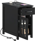 Farmhouse End Table with Charging Station and 1 Storage Cabinet, 1 Drawer, Black Wood Nightstand Narrow, Skinny Side Table, Slim Bedside Table, Small Nightstand for Bedroom, Living Room, Sofa