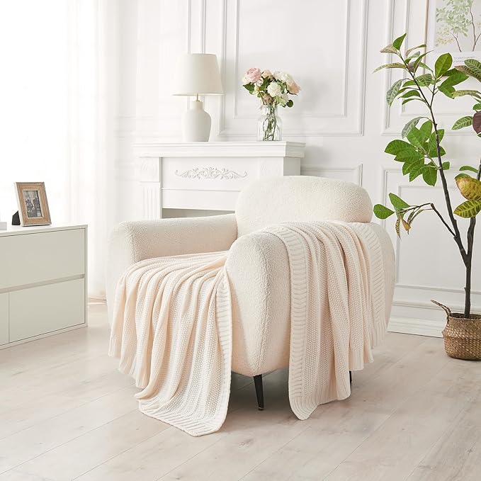 Douceur Cream Throw Blanket for Bed, Soft Cozy Lightweight Stripe Pattern Knitted Throw Blanket for Sofa, Living Room, 60"X80"