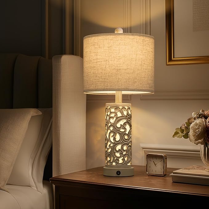 22" Dual Light Table Lamps for Living Room, USB A+C Table Lamp for Bedroom, Farmhouse Lamps for Night Stands with Linen Shade for Home Office(Bulb Included)