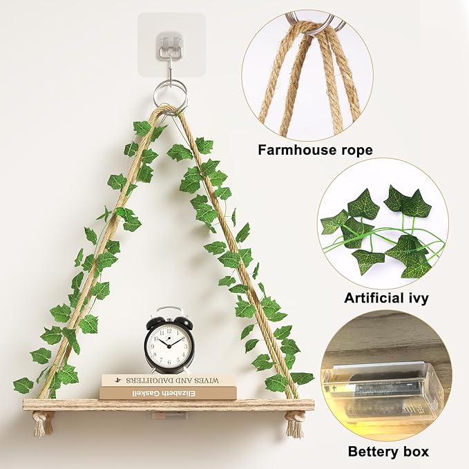 Fixwal Artificial Ivy LED-Strip Floating Shelves Set of 3, Macrame Hanging Shelves Plant Wall Decor, Rustic Boho Wood Wall Storage Shelves for Bedroom, Living Room, Bathroom Decor (Rustic Brown)